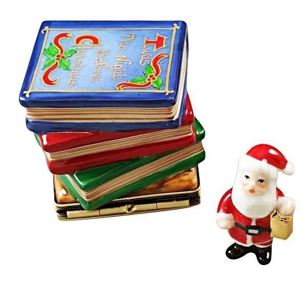 Twas the Night Before Christmas Stack of Books with Removable Santa Porcelain Limoges xmas theme santa French Trinket Box