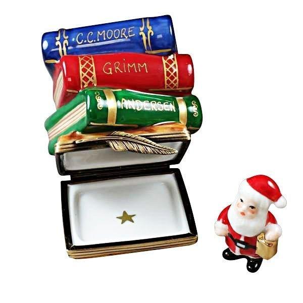 Twas the Night Before Christmas Stack of Books with Removable Santa Porcelain Limoges xmas theme santa French Trinket Box
