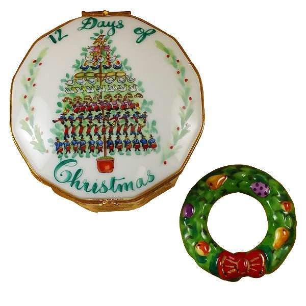 Twelve Days of Christmas with Removable Wreath Porcelain Limoges xmas theme French Trinket Box