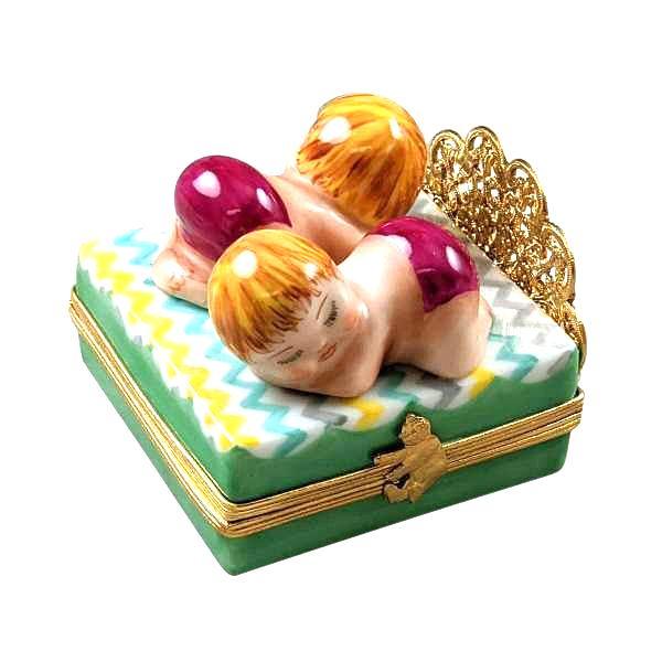 Twin Girls On Bed Porcelain Limoges baby figurines maternity French Trinket Box