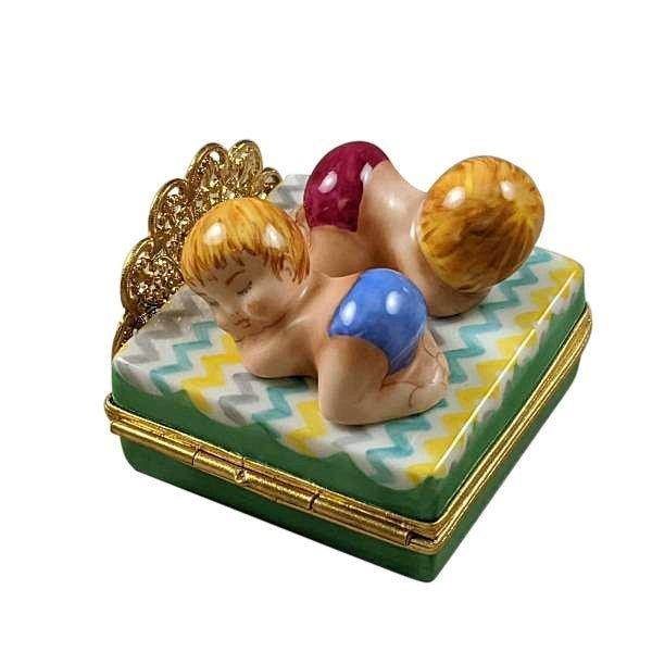 Twins on Bed - 1 Boy, 1 Girl Porcelain Limoges baby figurines maternity French Trinket Box