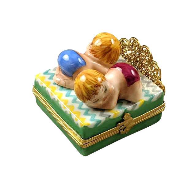 Twins on Bed - 1 Boy, 1 Girl Porcelain Limoges baby figurines maternity French Trinket Box