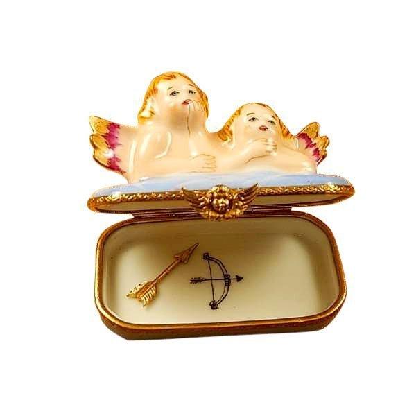 Two Angels on Blue Base with Removable Arrow Porcelain Limoges Angel French Trinket Box