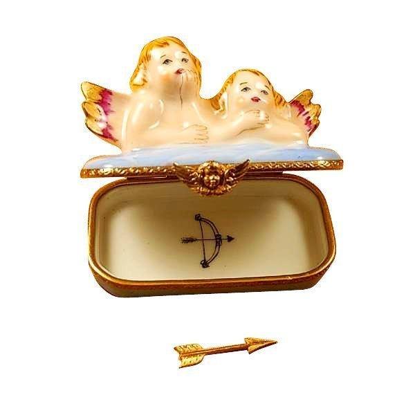 Two Angels on Blue Base with Removable Arrow Porcelain Limoges Angel French Trinket Box