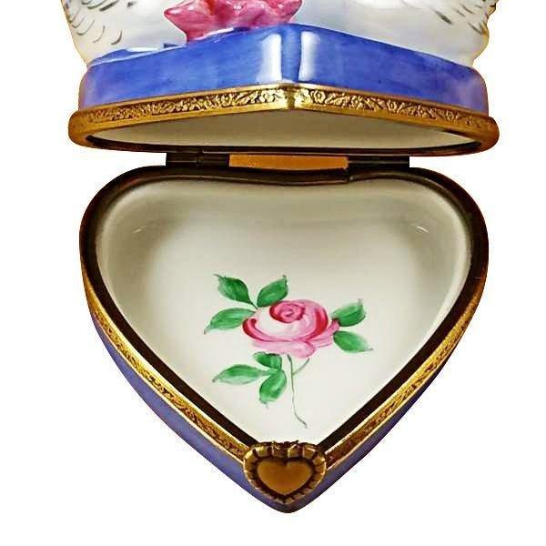 Two Swans on Heart Porcelain Limoges birds heart valentine love French Trinket Box