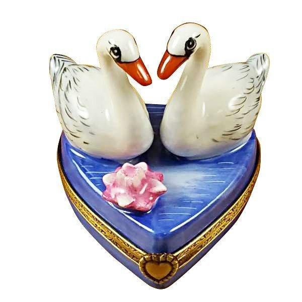 Two Swans on Heart Porcelain Limoges birds heart valentine love French Trinket Box