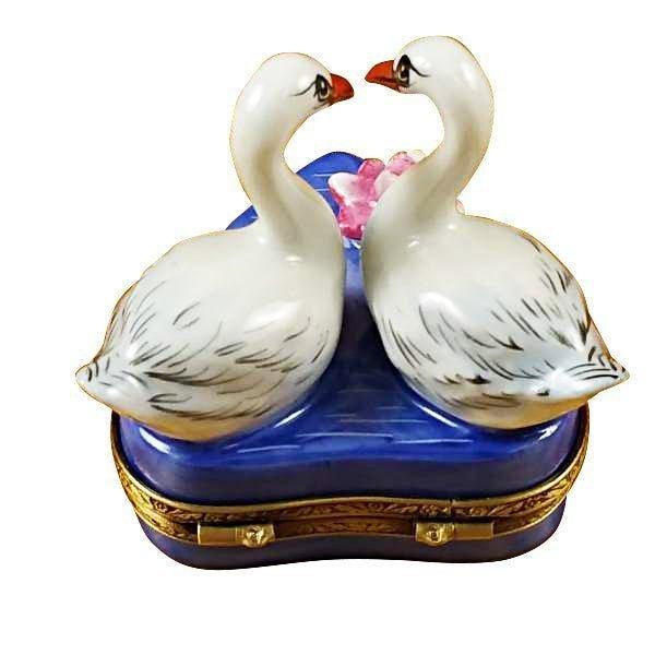 Two Swans on Heart Porcelain Limoges birds heart valentine love French Trinket Box