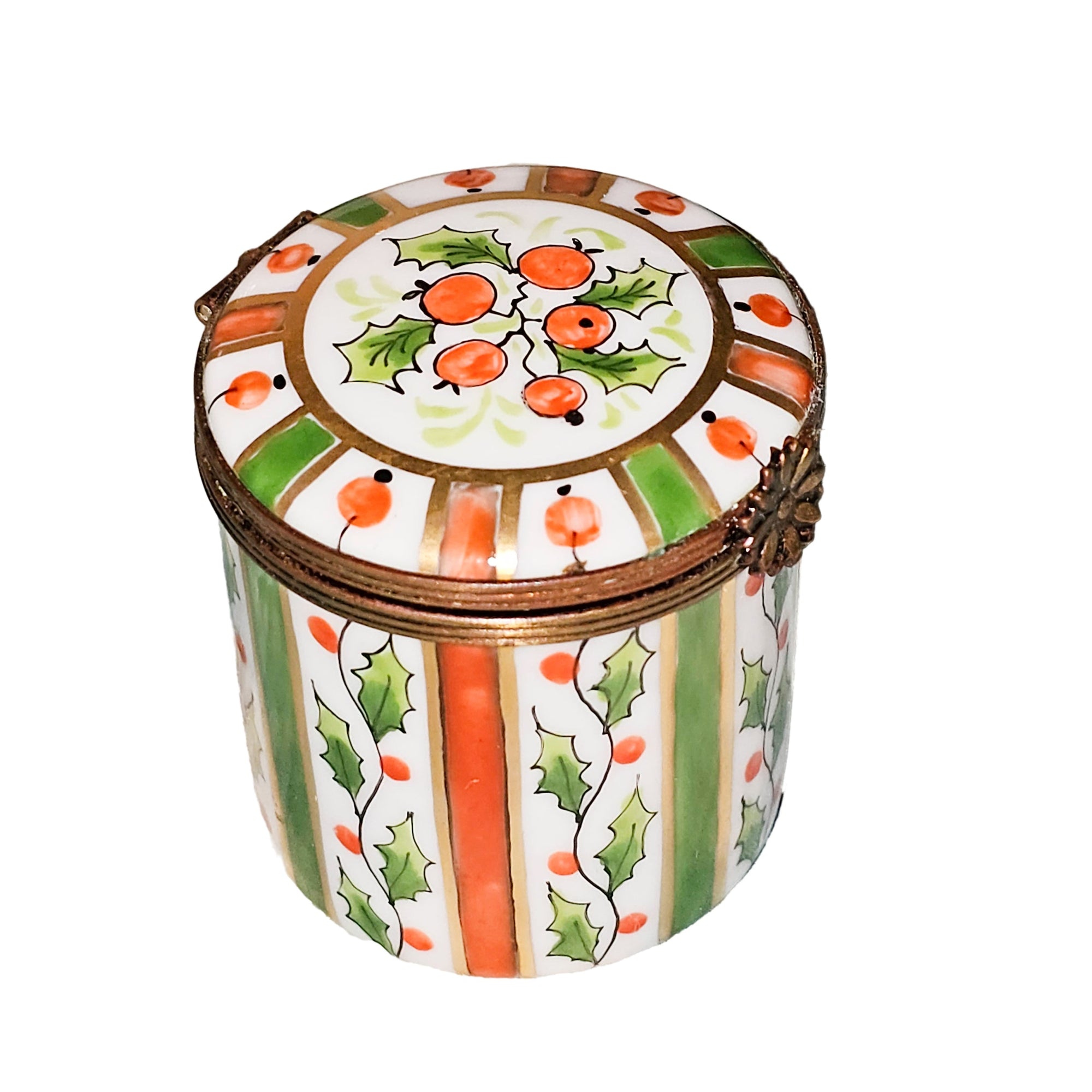 Vibrant Orange Green Striped Box Porcelain Limoges traditional French Trinket Box
