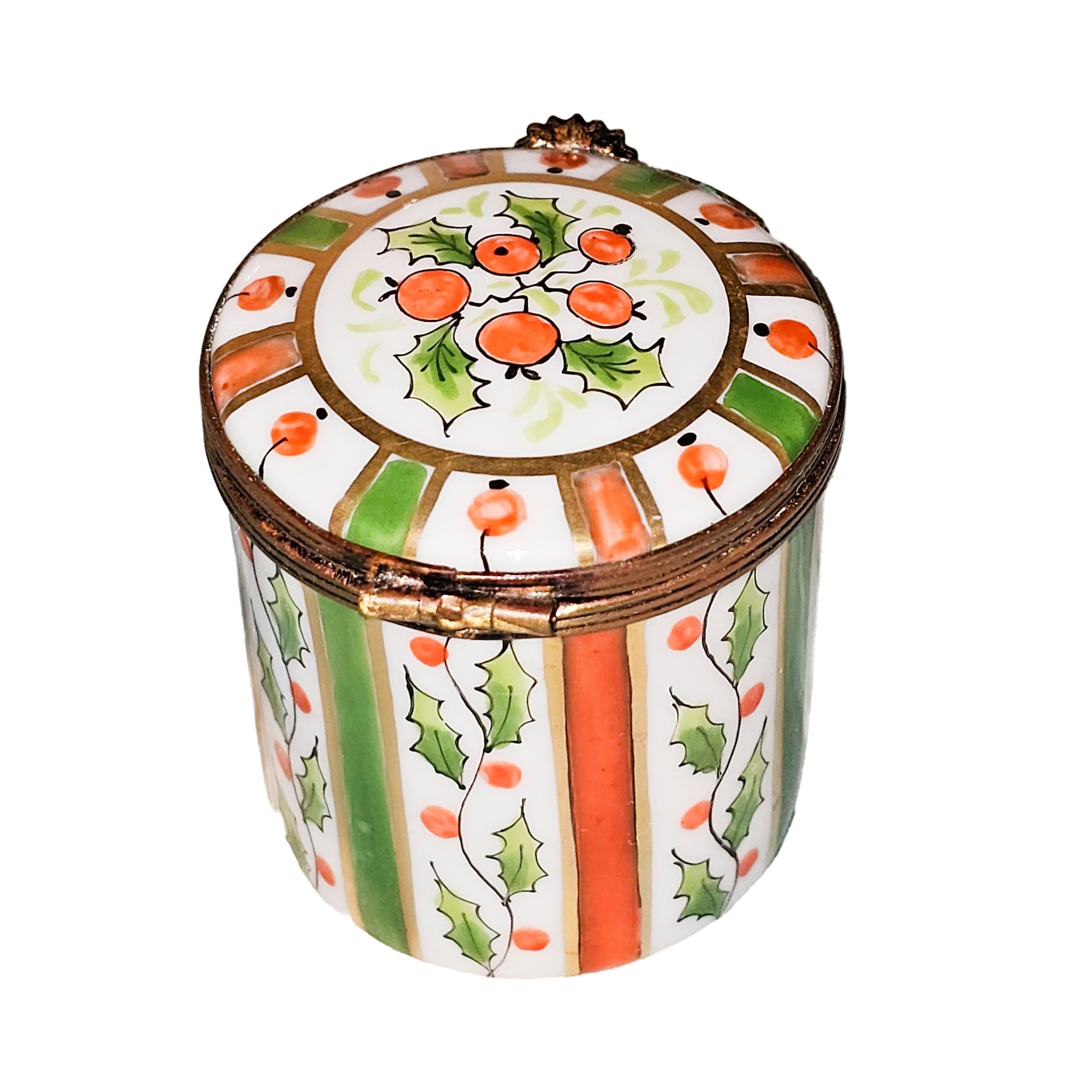 Vibrant Orange Green Striped Box Porcelain Limoges traditional French Trinket Box