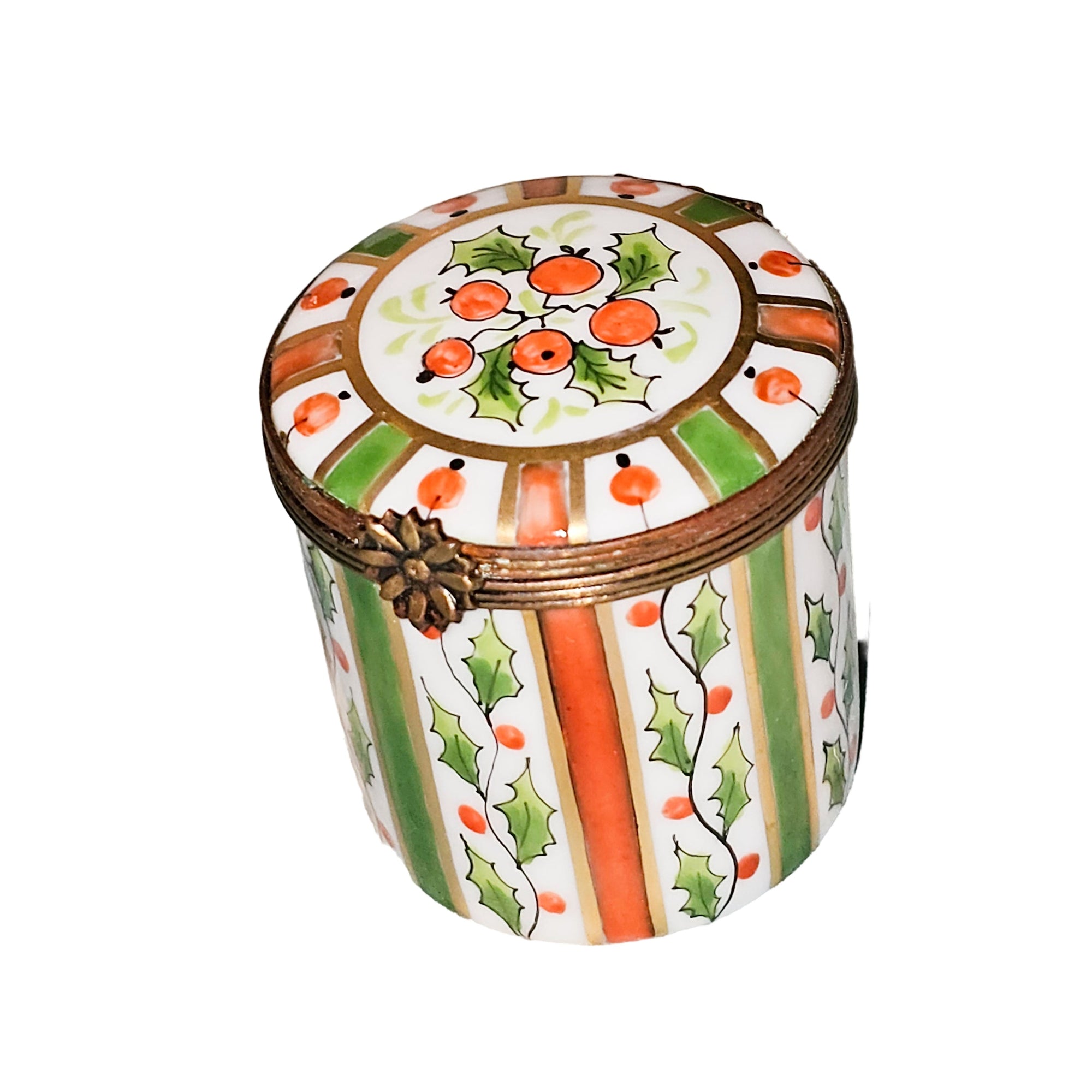 Vibrant Orange Green Striped Box Porcelain Limoges traditional French Trinket Box