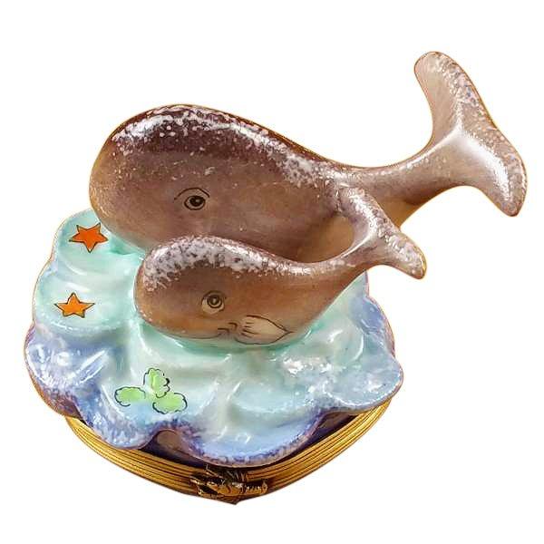 Whale with Baby Porcelain Limoges fish beach ocean French Trinket Box