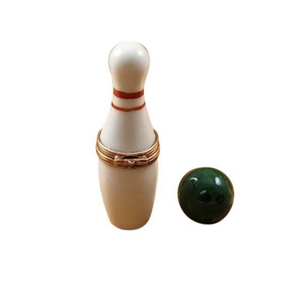 White Bowling Pin w Green Removable Bowling Ball Porcelain Limoges sports French Trinket Box