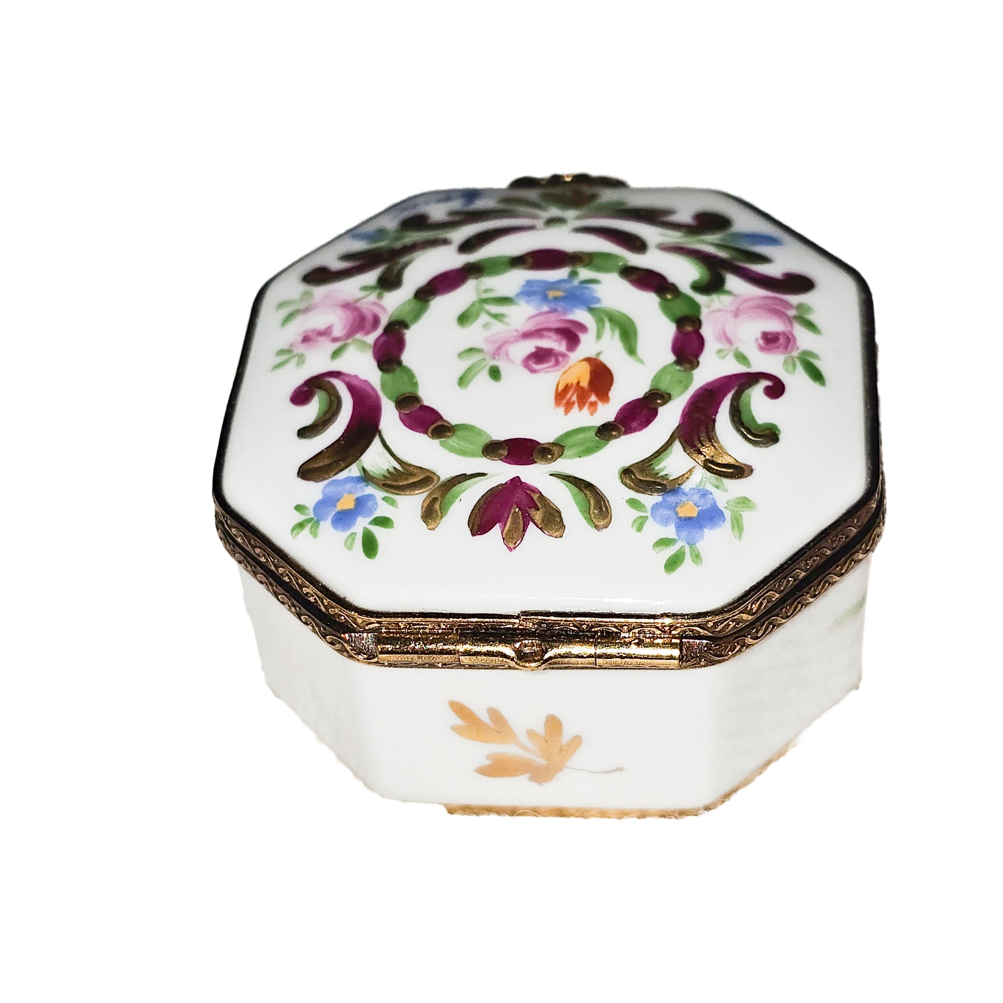 White Hexagon Floral Limoges Box Porcelain Limoges traditional French Trinket Box
