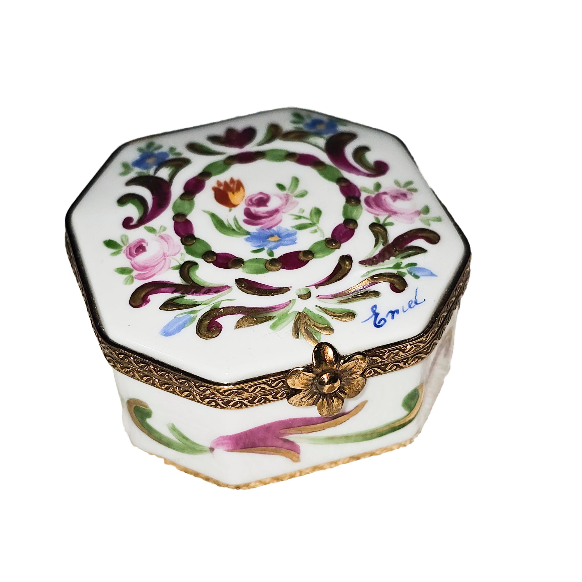White Hexagon Floral Limoges Box Porcelain Limoges traditional French Trinket Box