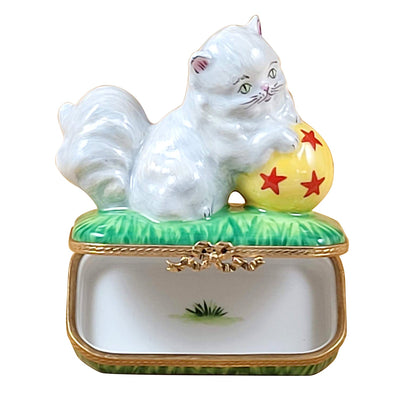 White Persian Cat w Ball Porcelain Limoges cat kitten French Trinket Box