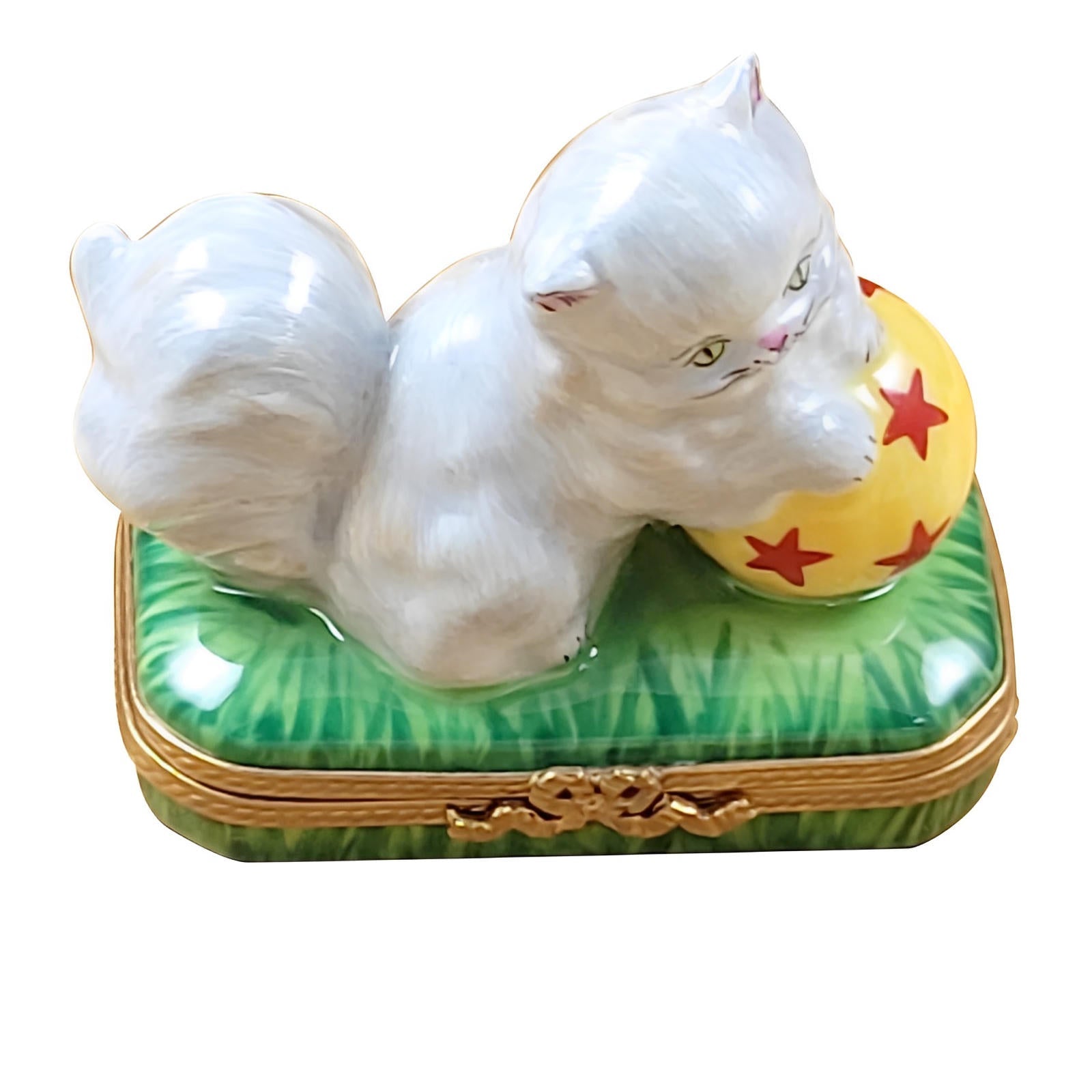 White Persian Cat w Ball Porcelain Limoges cat kitten French Trinket Box
