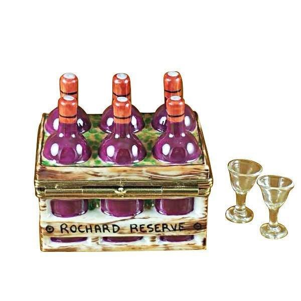 Wine Bottles in Crate with Two Glasses Porcelain Limoges wine French Trinket Box