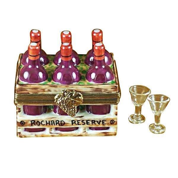 Wine Bottles in Crate with Two Glasses Porcelain Limoges wine French Trinket Box