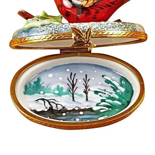 Winter Cardinal Christmas Cardinal Porcelain Limoges xmas theme bird French Trinket Box