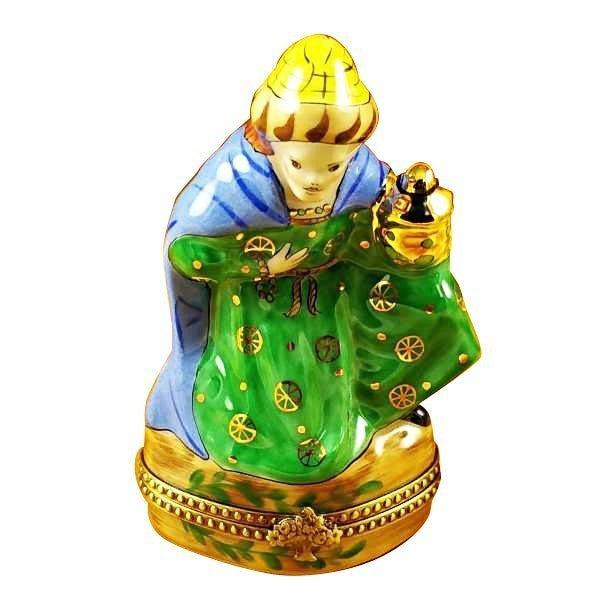 Wiseman - Green Coat Porcelain Limoges nativity French Trinket Box