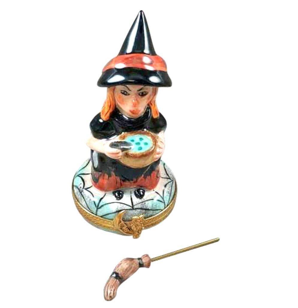 Witch with Broom and Cauldron Porcelain Limoges halloween French Trinket Box