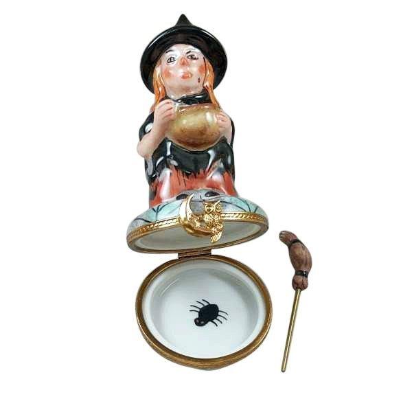 Witch with Broom and Cauldron Porcelain Limoges halloween French Trinket Box