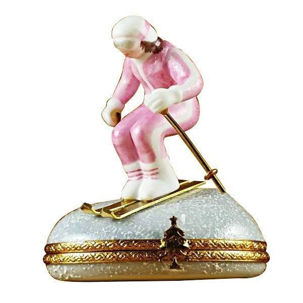 Woman Skier on Mountain Porcelain Limoges sports snow winter French Trinket Box