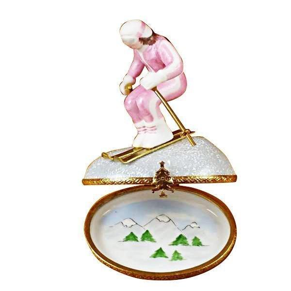 Woman Skier on Mountain Porcelain Limoges sports snow winter French Trinket Box