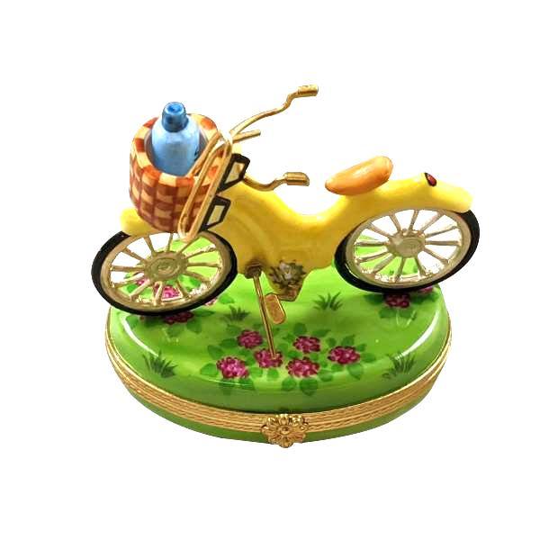 Yellow Beach Cruiser with Brass Sunglasses Porcelain Limoges sports beach vehicle French Trinket Box