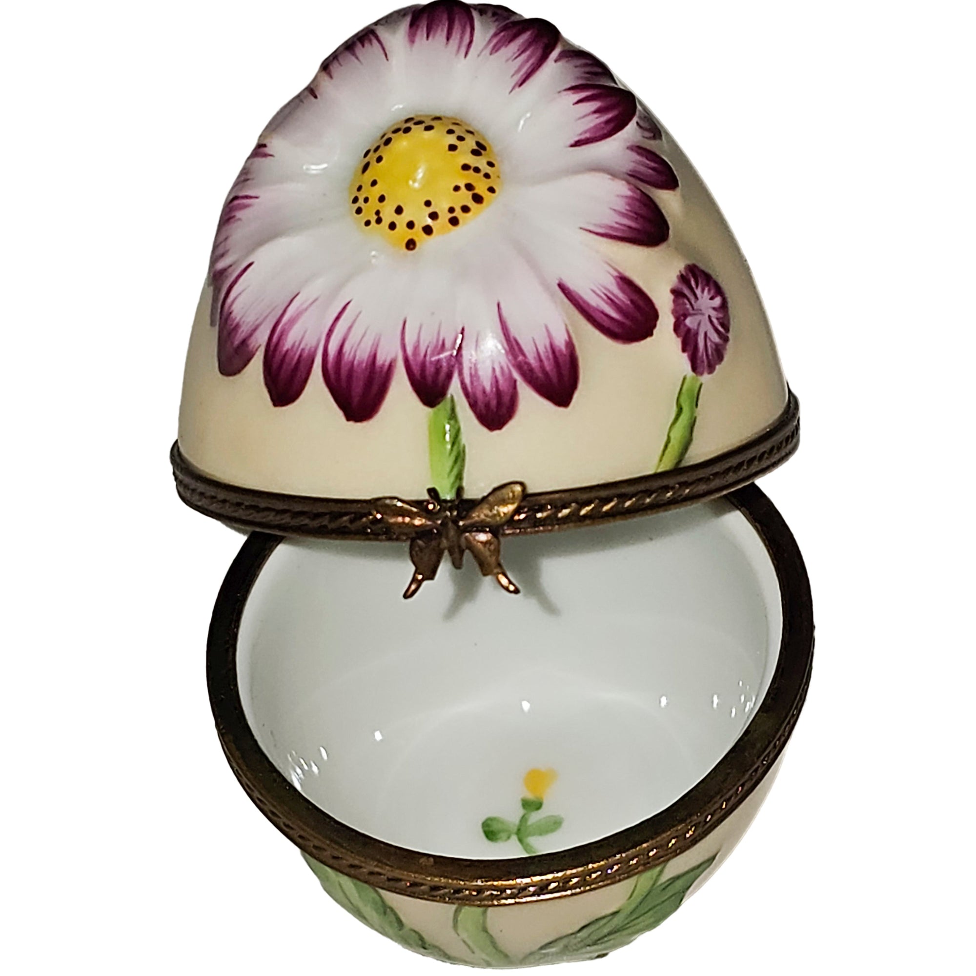 Yellow Egg with Sunflower Charm Porcelain Limoges egg French Trinket Box