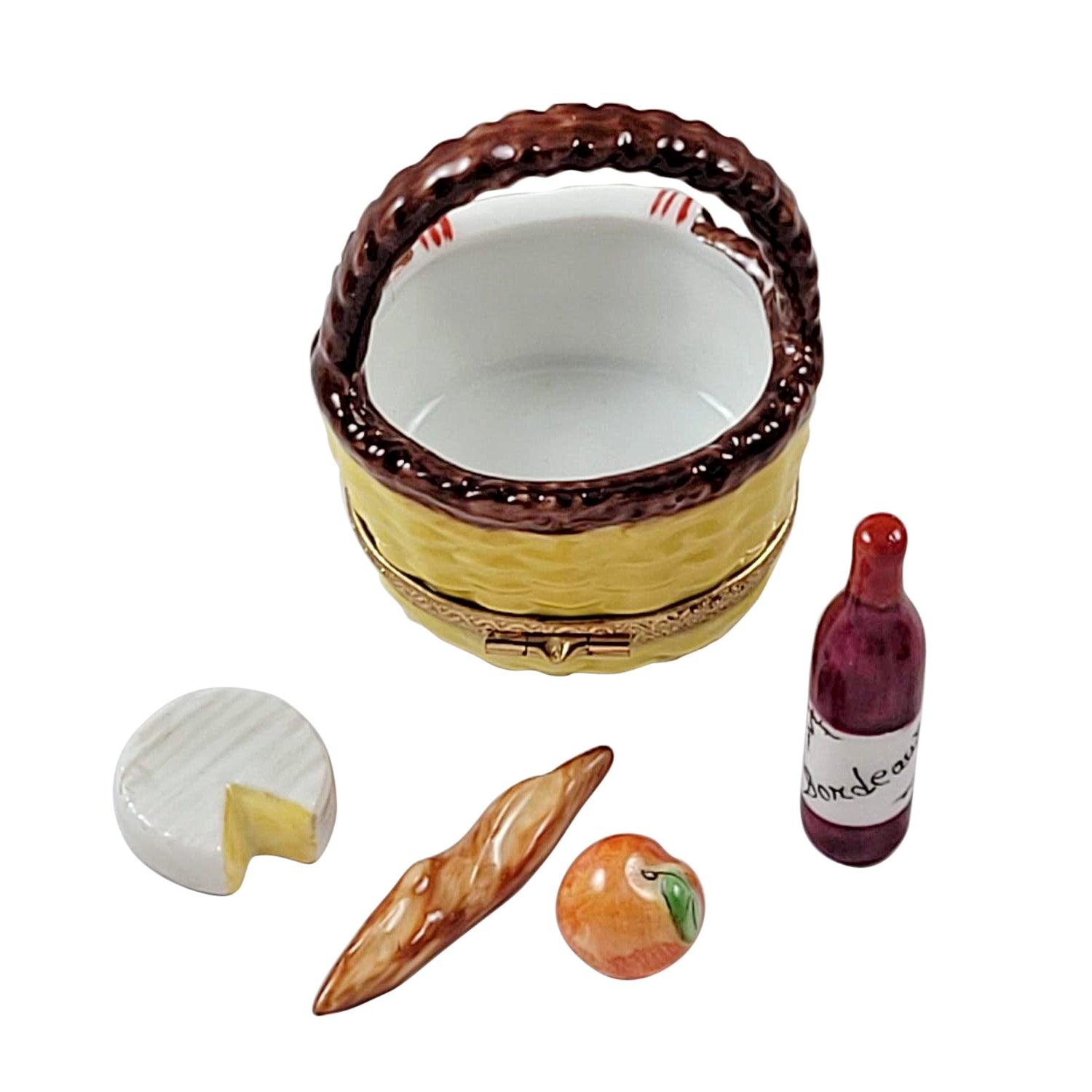 Yellow Picnic Basket with Bread, Wine, Cheese And Fruit Porcelain Limoges Food Beach Basket French Trinket Box