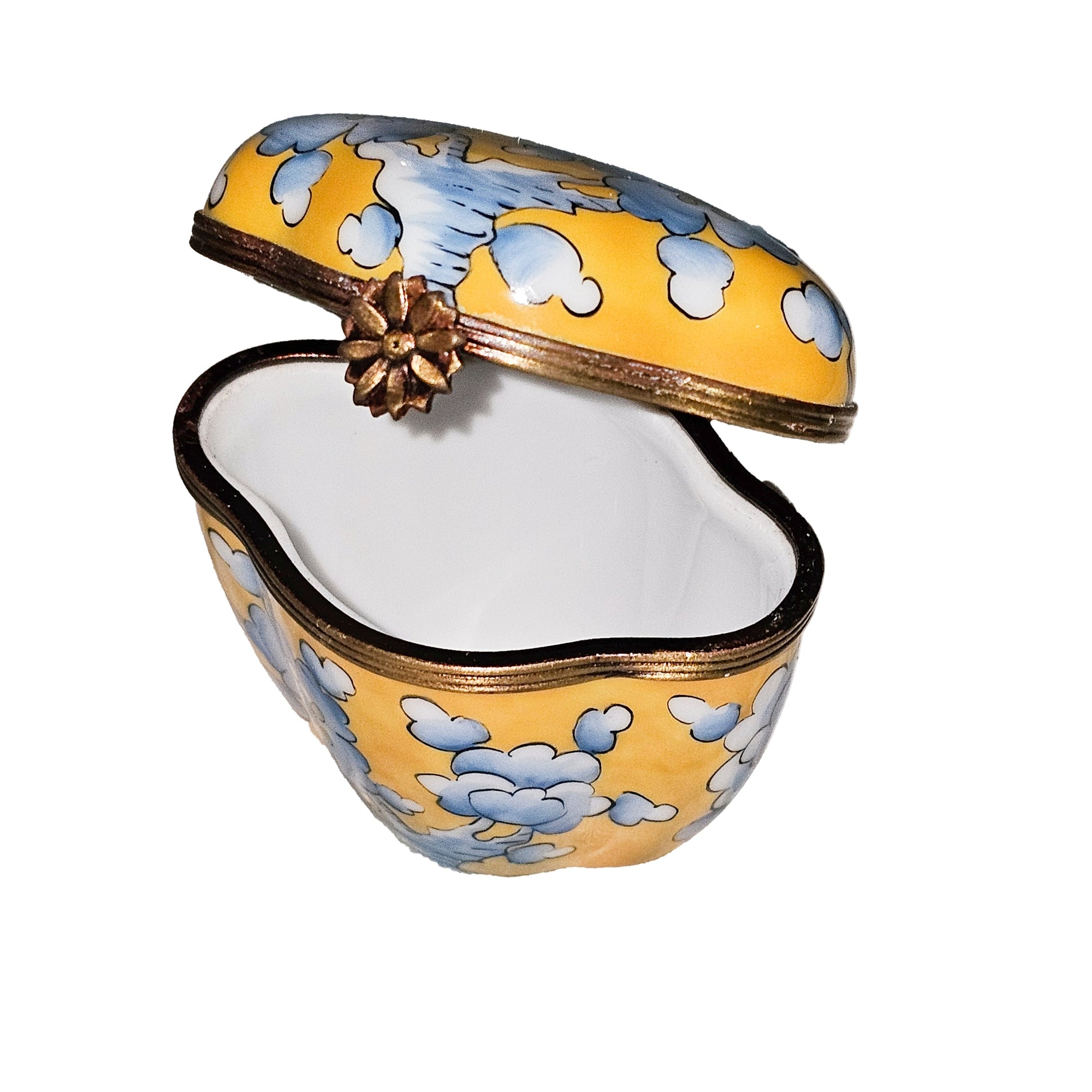 Yellow Scalloped Box with Blue Flowers Porcelain Limoges traditional French Trinket Box