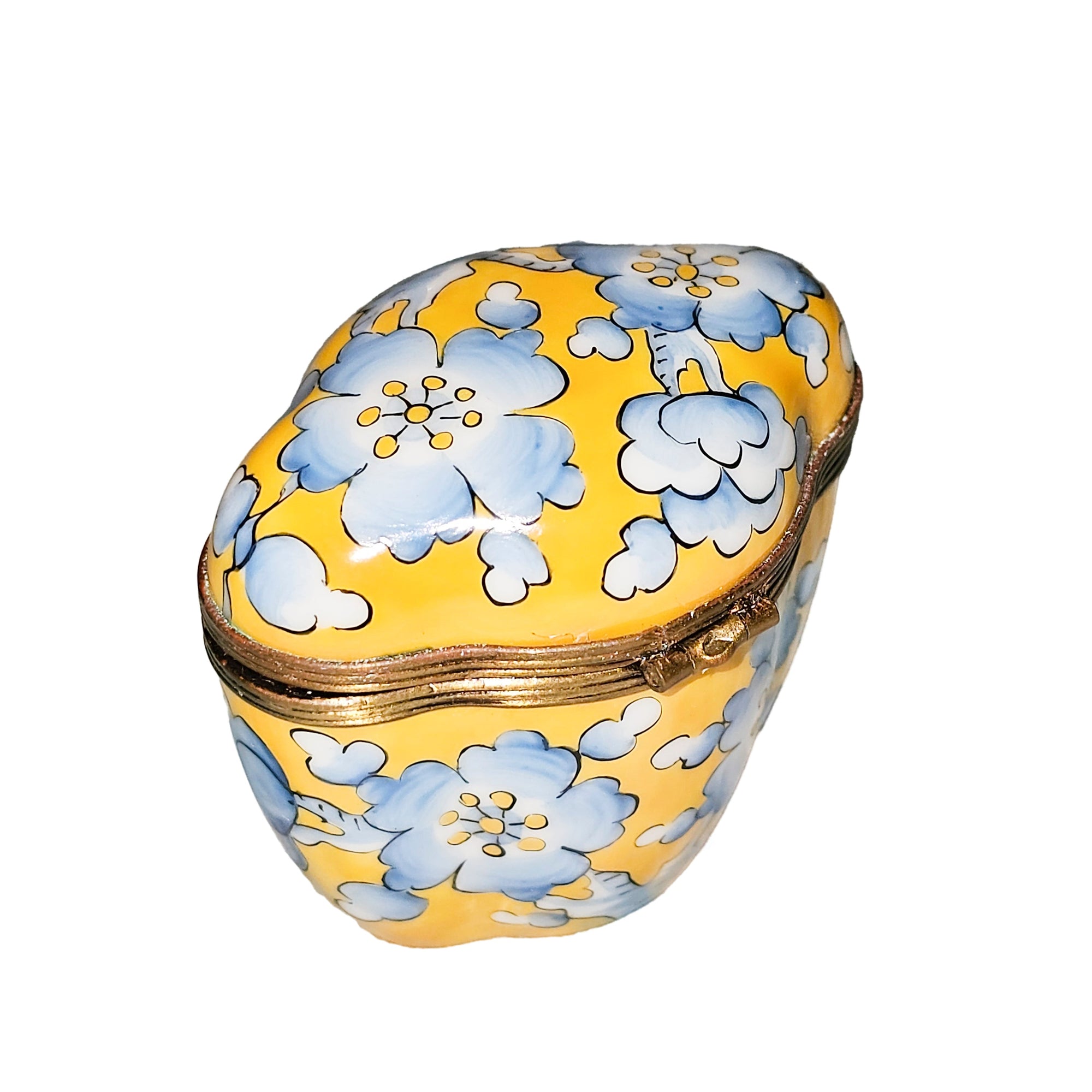 Yellow Scalloped Box with Blue Flowers Porcelain Limoges traditional French Trinket Box