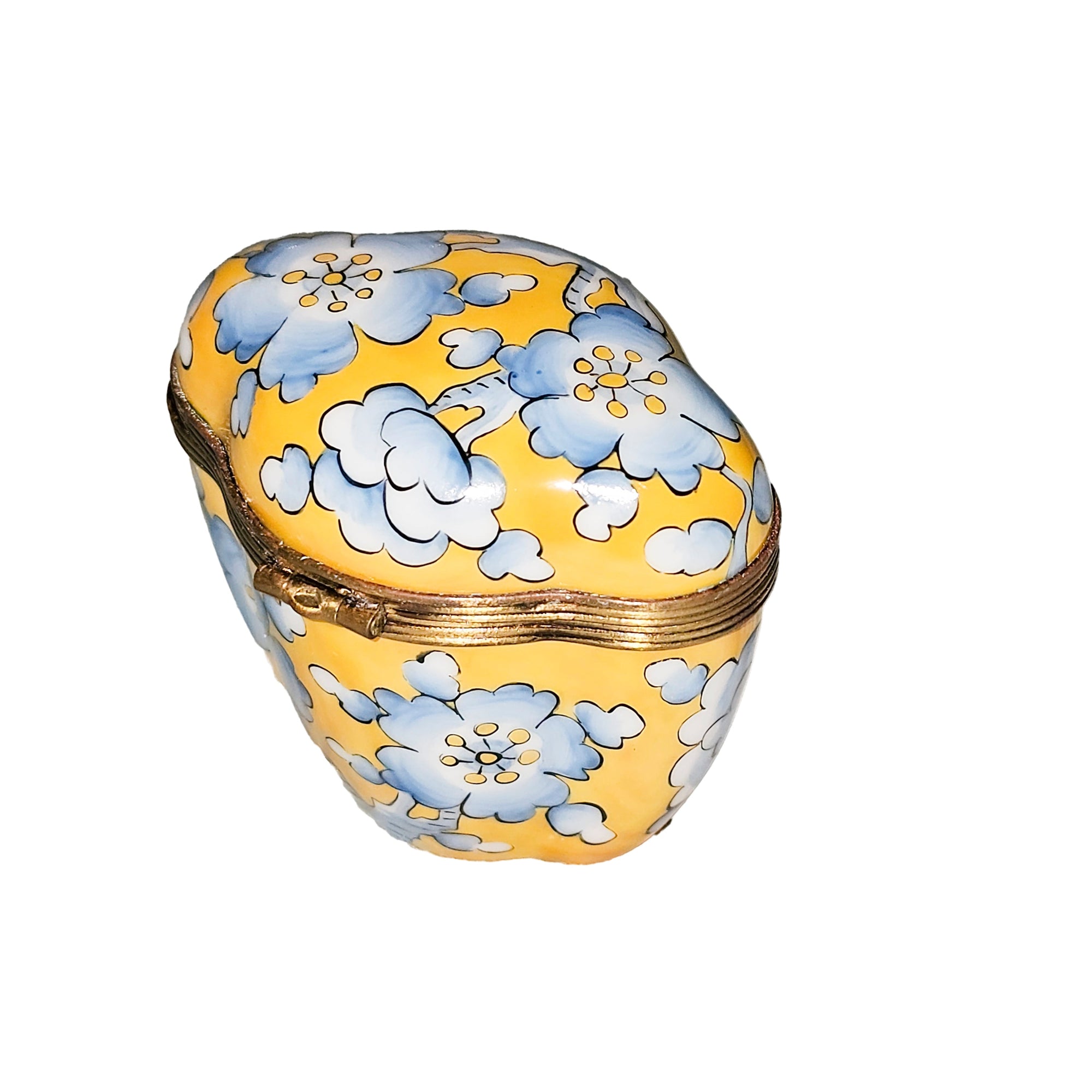 Yellow Scalloped Box with Blue Flowers Porcelain Limoges traditional French Trinket Box