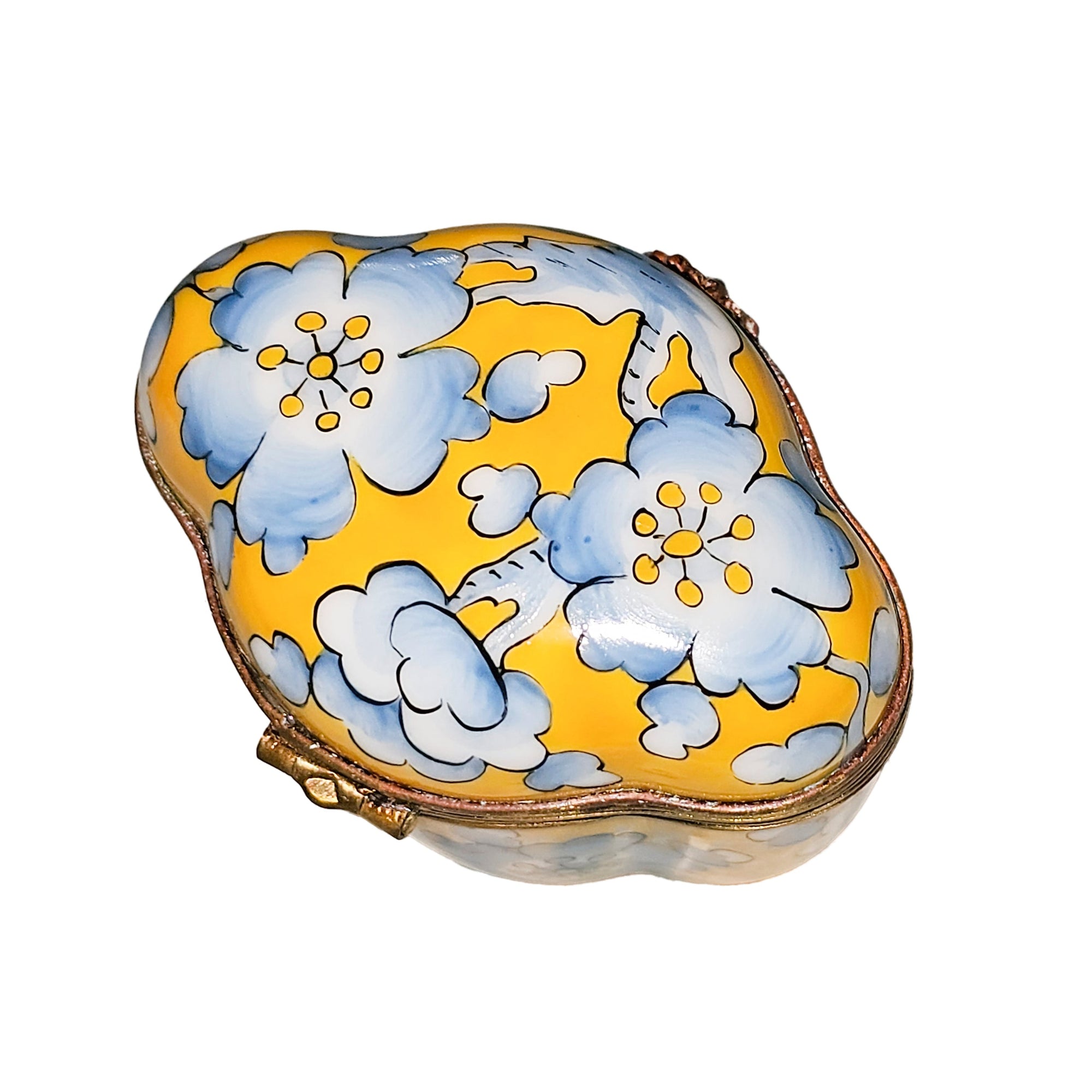 Yellow Scalloped Box with Blue Flowers Porcelain Limoges traditional French Trinket Box