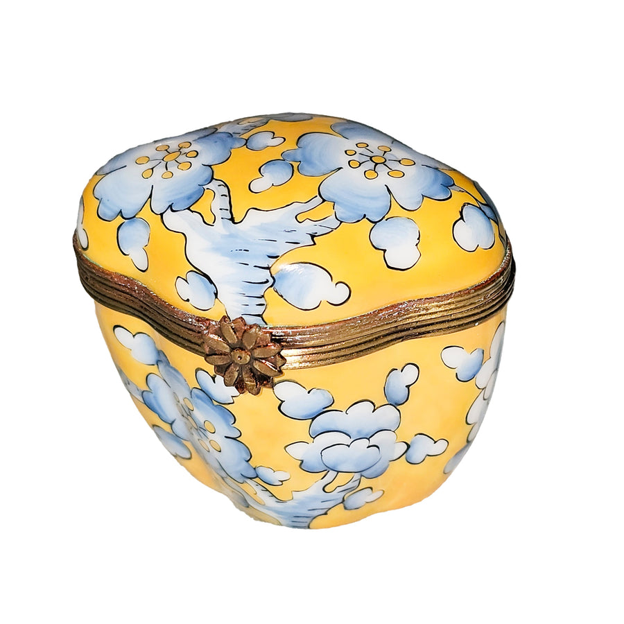 Yellow Scalloped Box with Blue Flowers Porcelain Limoges traditional French Trinket Box