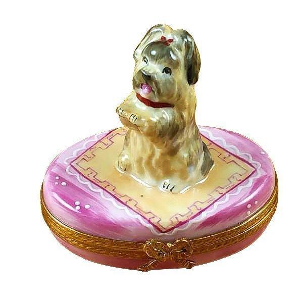 Yorkie on Pink Base Porcelain Limoges dog French Trinket Box