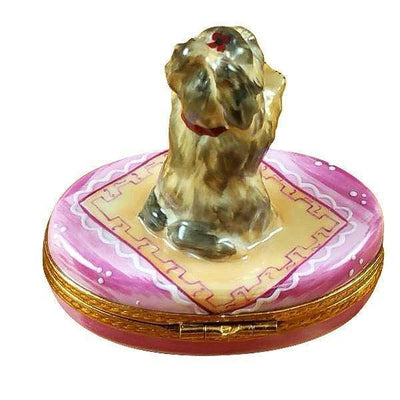 Yorkie on Pink Base Porcelain Limoges dog French Trinket Box