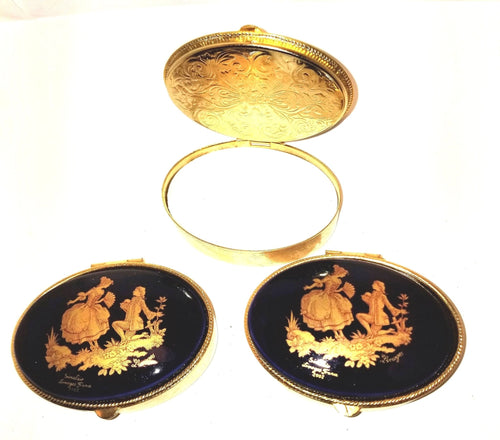 Lopsided Cobalt Blue round brass box (SITTING LOPSIDED - look close at picture) Gold Lovers