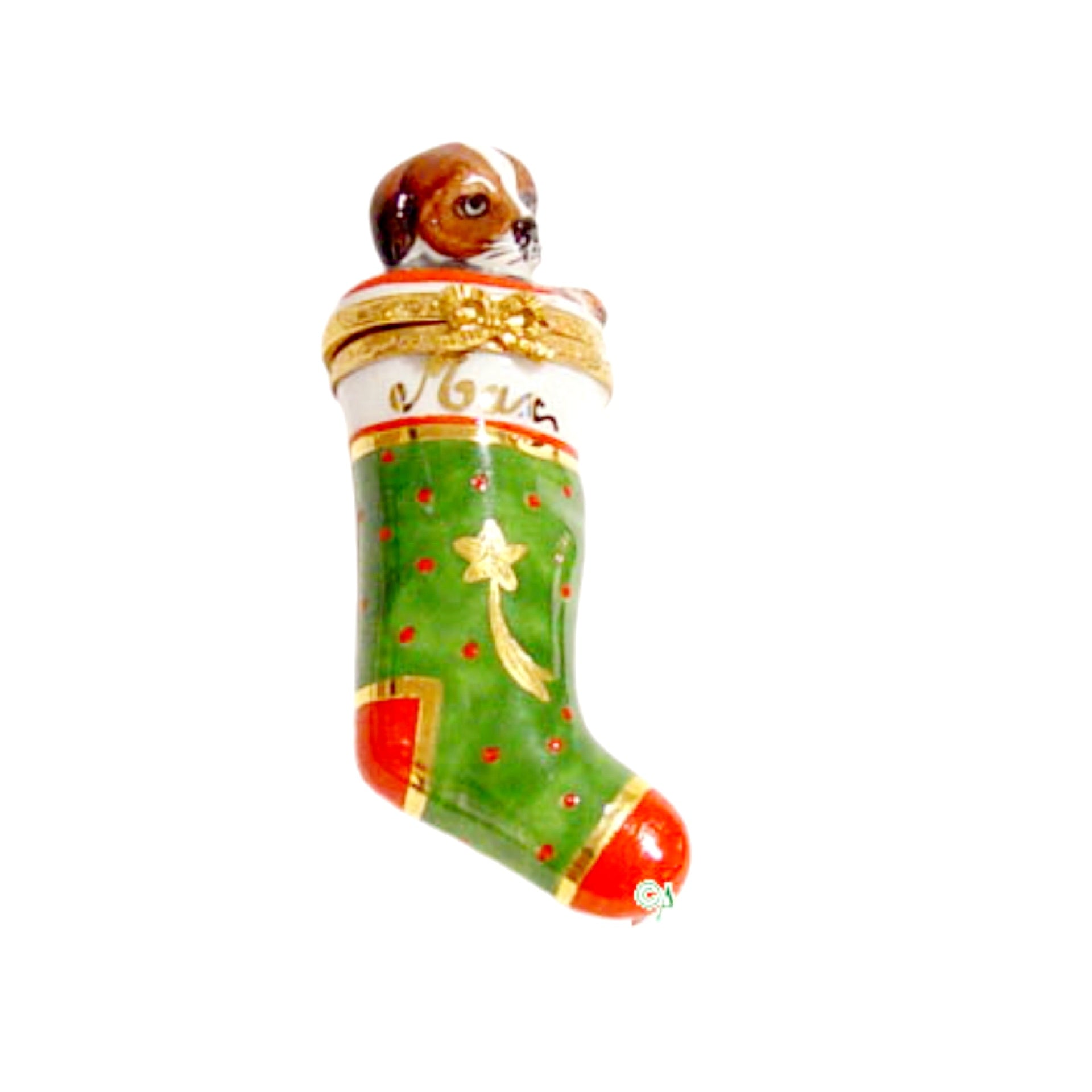 Red and white Christmas stocking with adorable puppy design, perfect for holiday decor