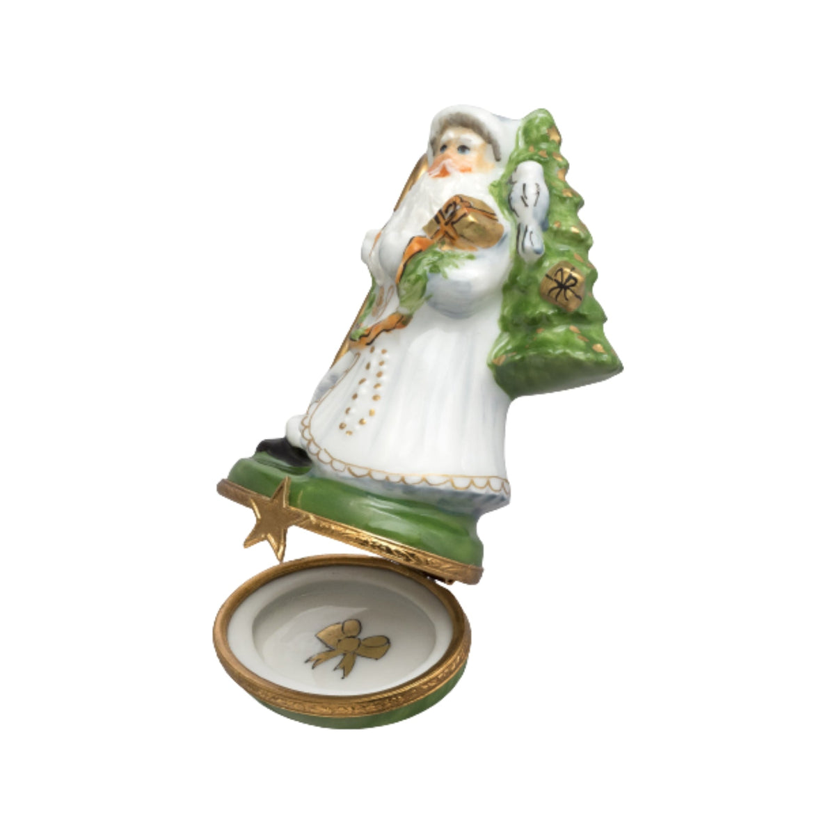 A close-up of a hand-painted Santa Claus figurine with intricate details