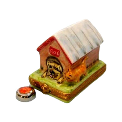 Large wooden dog house with pitched roof and front door