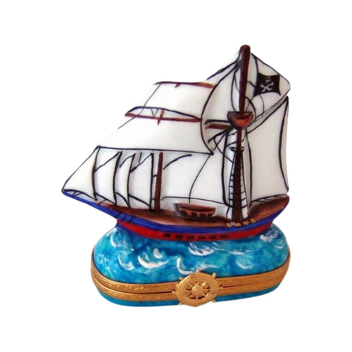 Large wooden pirate ship toy with detailed sails and cannons