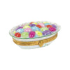 A colorful assortment of fruity jelly bean candies in a woven basket
