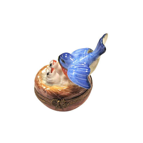 Blue Bird in Nest w Chicklings Limoges Box Porcelain Figurine-bird-MEH2P183N