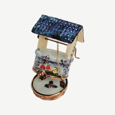 Blue Wishing Well Limoges Box Porcelain Figurine-wishing well garden bird home flowers-CH3S462