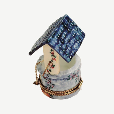 Blue Wishing Well Limoges Box Porcelain Figurine-wishing well garden bird home flowers-CH3S462