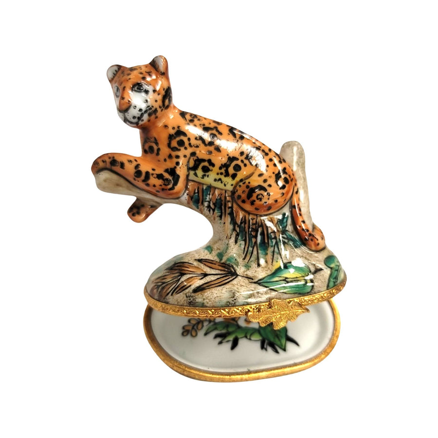 Cheetah on Log Wild Limoges Box Porcelain Figurine-cat wild-CH7N262