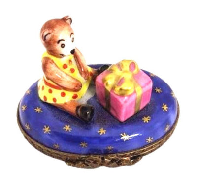 Cute Little Teddy Bear Girl Christmas w Present Gift Limoges Box Porcelain Figurine-teddy xmas-CH2P340