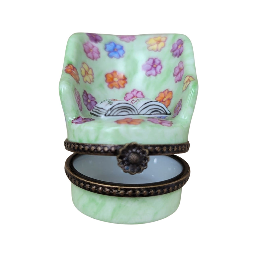 Green Chair w Newspaper Limoges Box Porcelain Figurine-furniture home LIMOGES BOXES-CH6D191